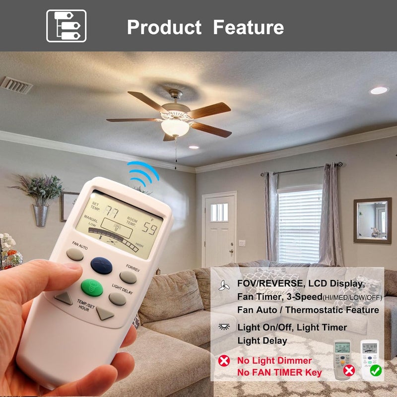 CENMING 9T Thermostatic Ceiling Fan Remote Control Replacement Remote for Hampton Bay,with Reverse Timer 3-Speed, LCD Display Temp 303.9MHz, No Light Dimmer,for L3HFAN9T FAN-9T(Remote Only) - Image 2